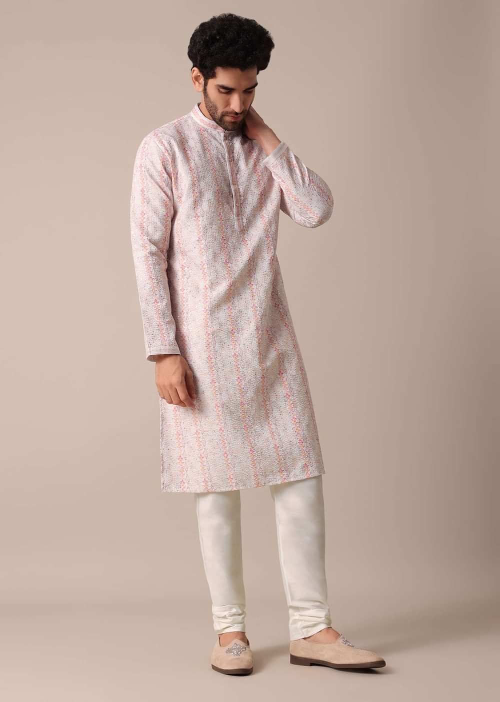 White Silk Embroidered Men Kurta Set