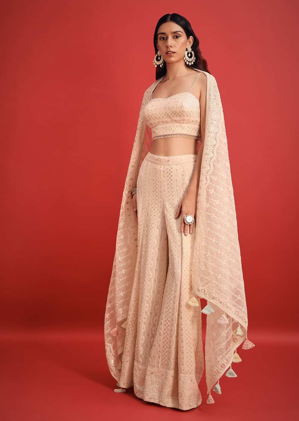 Pink Lucknowi Fusion Palazzo Set With Tassel Detail