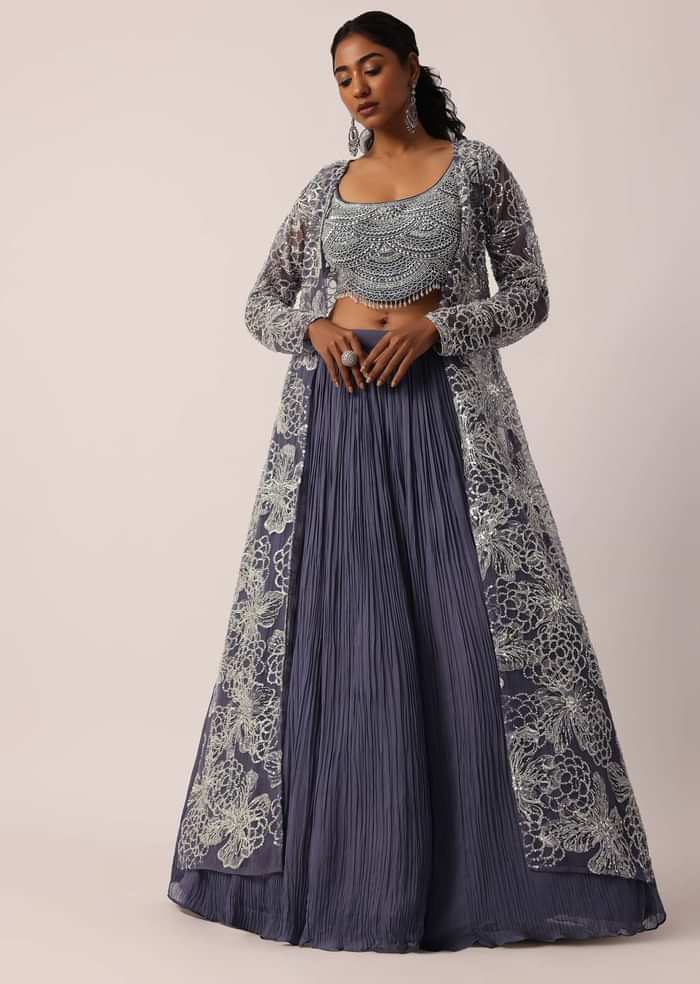 Grey Hand Embroidered Long Jacket And Lehenga Set