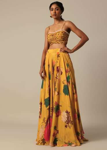 Mustard Yellow Printed Jacket And Lehenga Set