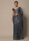Grey Georgette Saree With Badla Work And Unstitched Blouse Piece