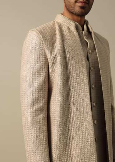 Beige Textured Indowestern Set for Grooms