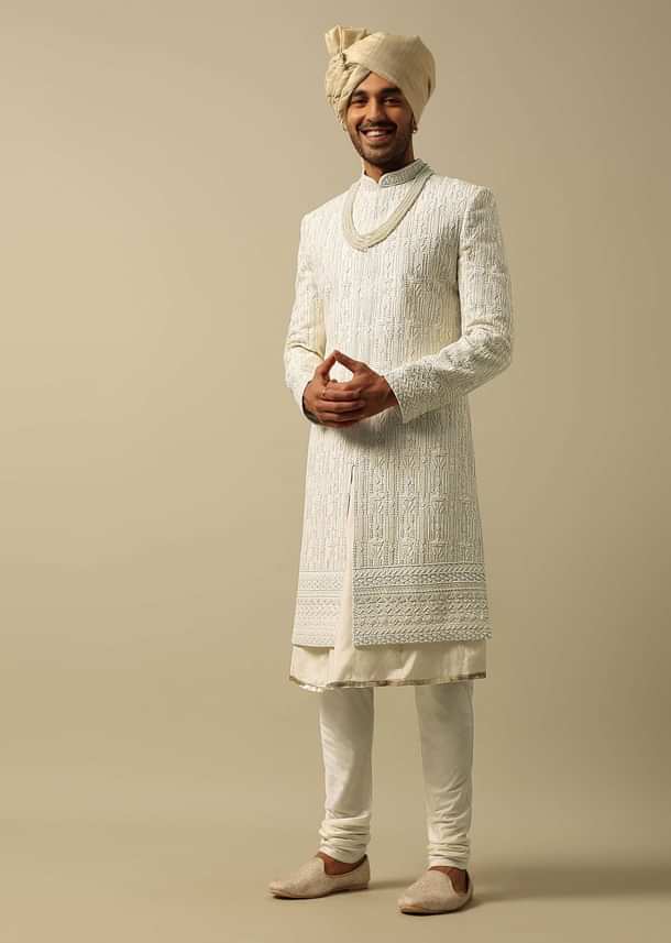 White Sherwani with Exquisite Heavy Embroidery