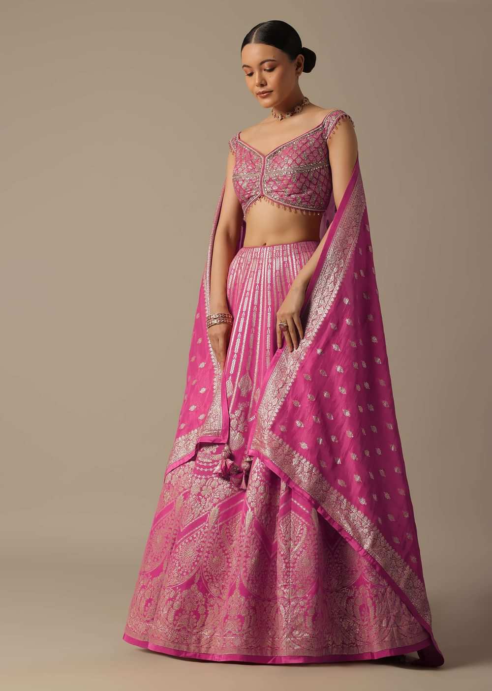 Pink Banarasi Silk Lehenga Set With Gota Patti