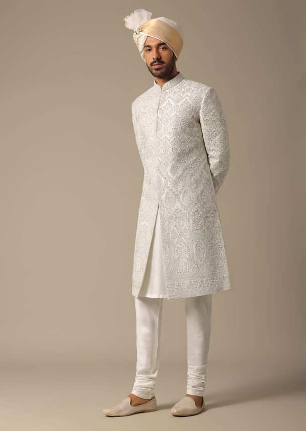 Opulent White Silk Sherwani Set