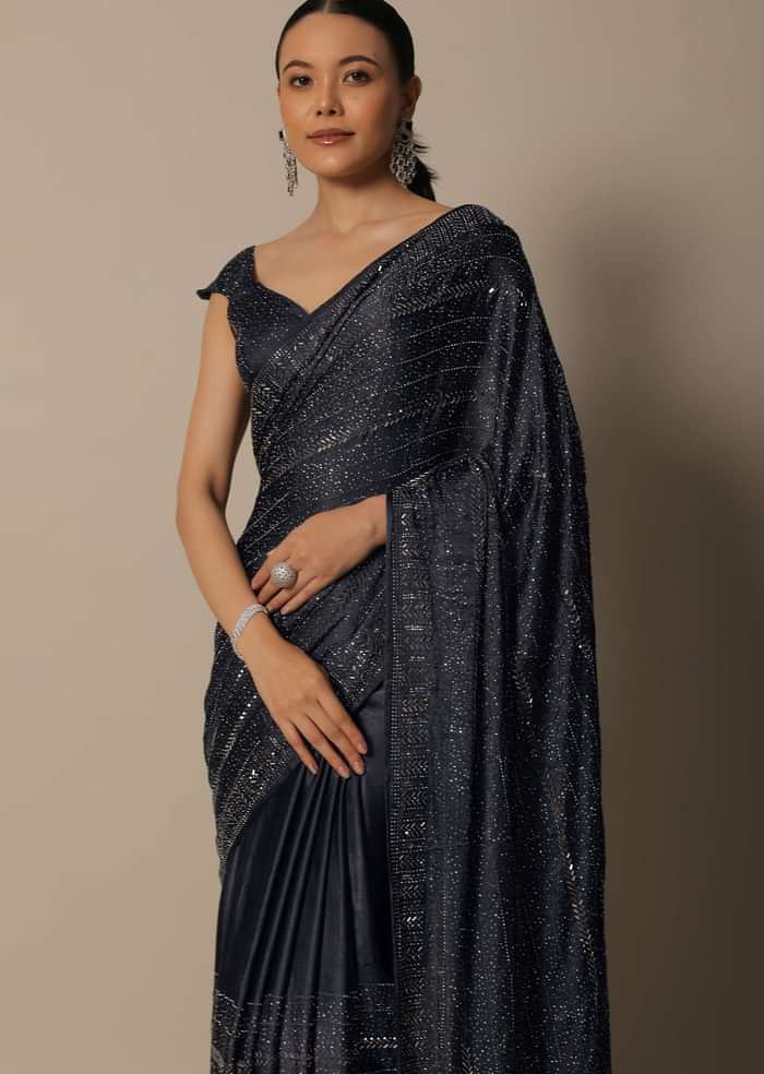 Elegant Grey Satin Saree With An Unstitched Blouse Fabric