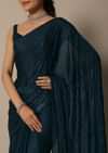 Teal Blue Satin Saree With Unstitched Blouse Fabric