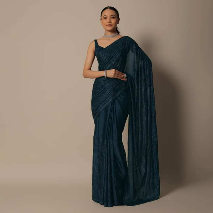 Teal Blue Satin Saree With Unstitched Blouse Fabric