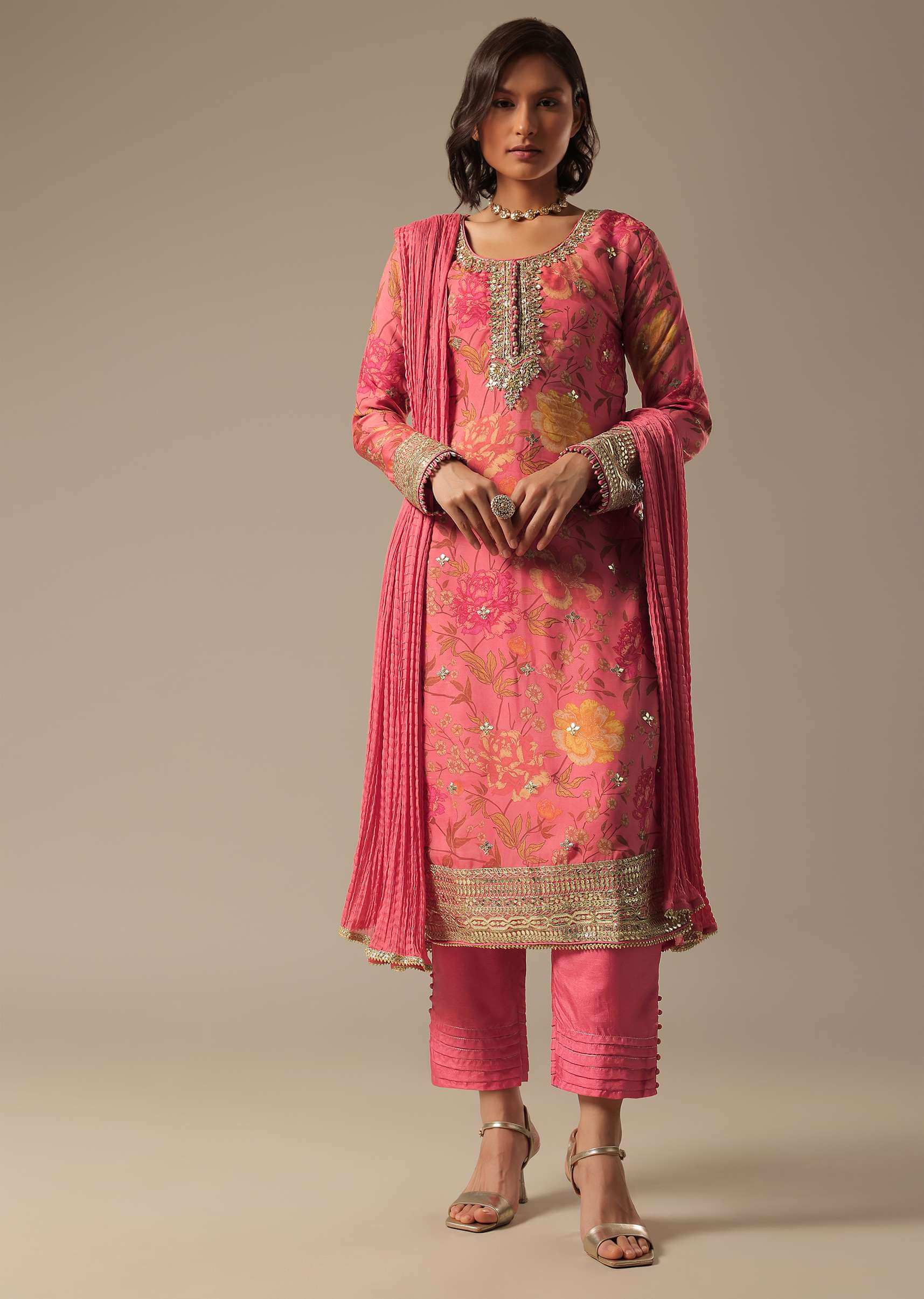 スーパーセール Buy Pink Printed Pant Set With Zari Work Kurta | KALKI Clothing