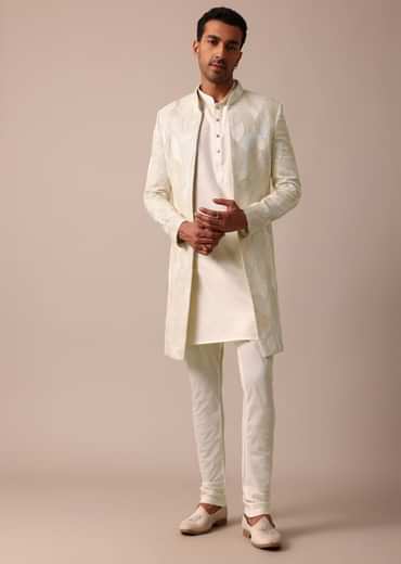 Classic Beige Banarasi Silk Sherwani Set
