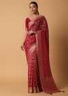 Red Banarasi Georgette Saree With Bandhani Weave And Unstitched Blouse Piece