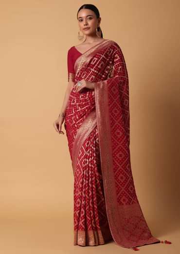 Red Banarasi Georgette Saree With Bandhani Weave And Unstitched Blouse Piece