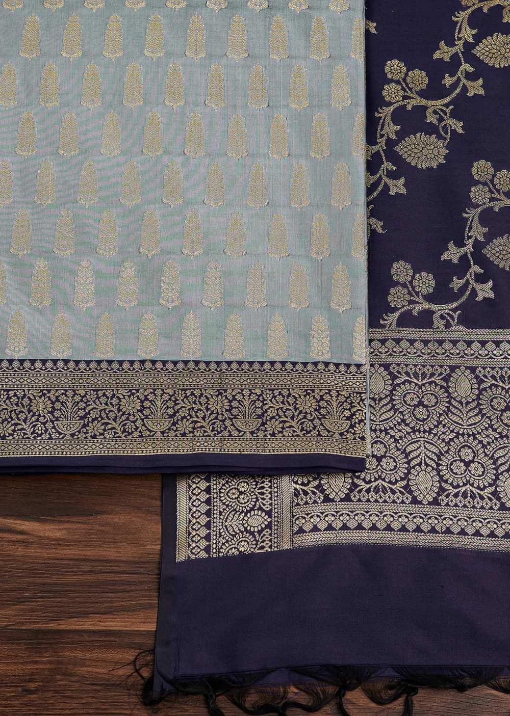 Grey And Blue Banarasi Silk Unstitched Suit Set With Woven Design