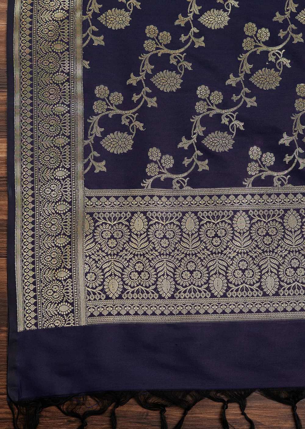 Grey And Blue Banarasi Silk Unstitched Suit Set With Woven Design