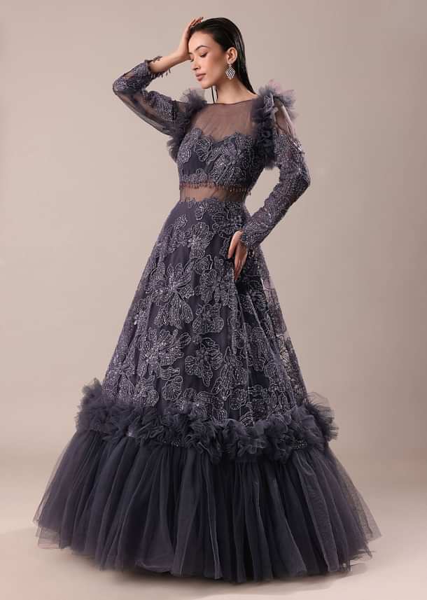 Dark Purple Embroidered Fancy Ruffle Gown Kalki