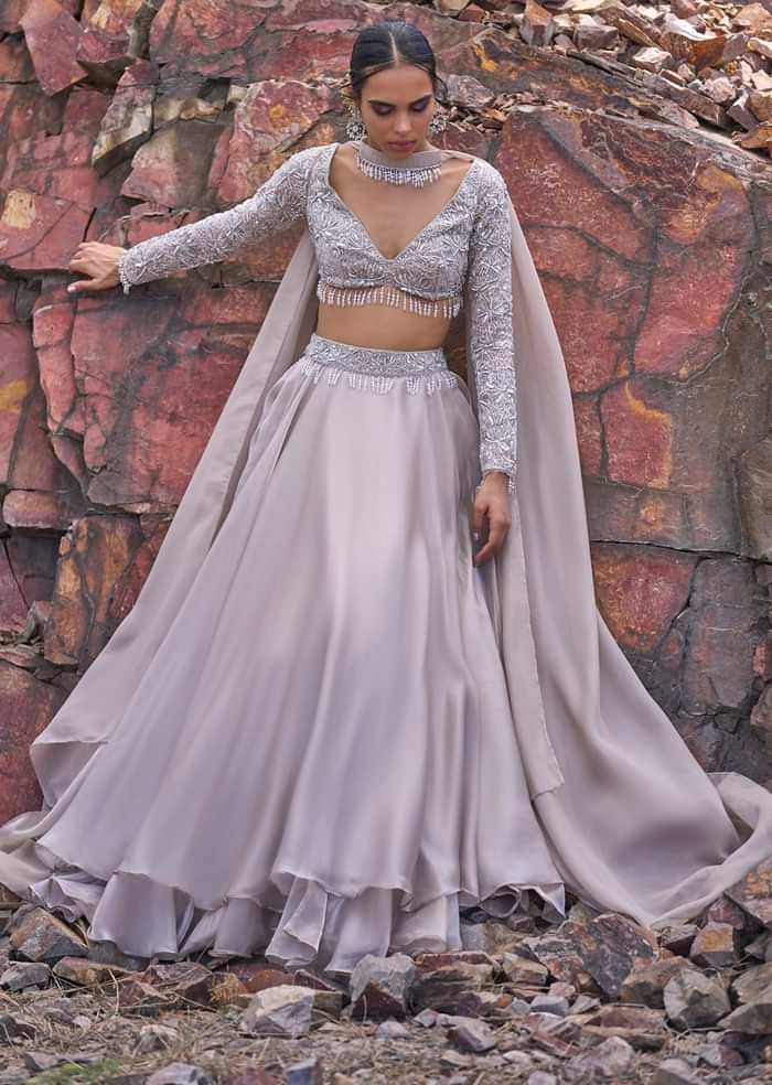 White Ruffle Lehenga With Blouse And Choker Dupatta