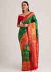 Green Silk Woven Ikat Motif Saree With Constrat Pallu