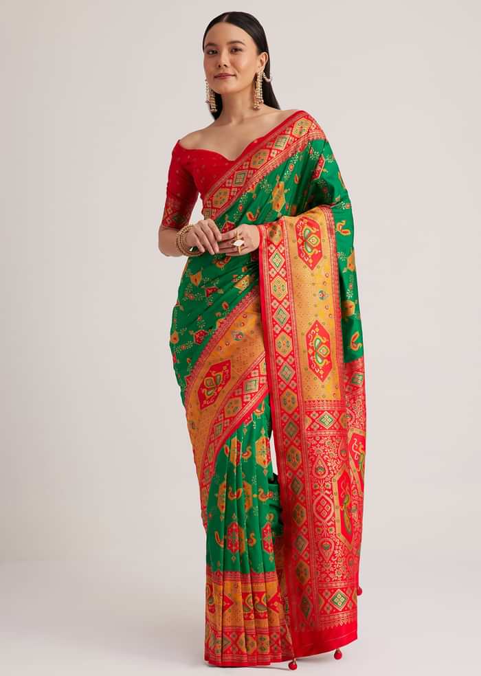 Green Silk Woven Ikat Motif Saree With Constrat Pallu