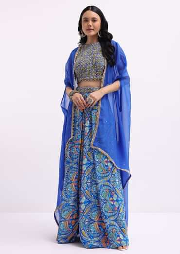 Blue Printed Net Crop Top And Skirt Set