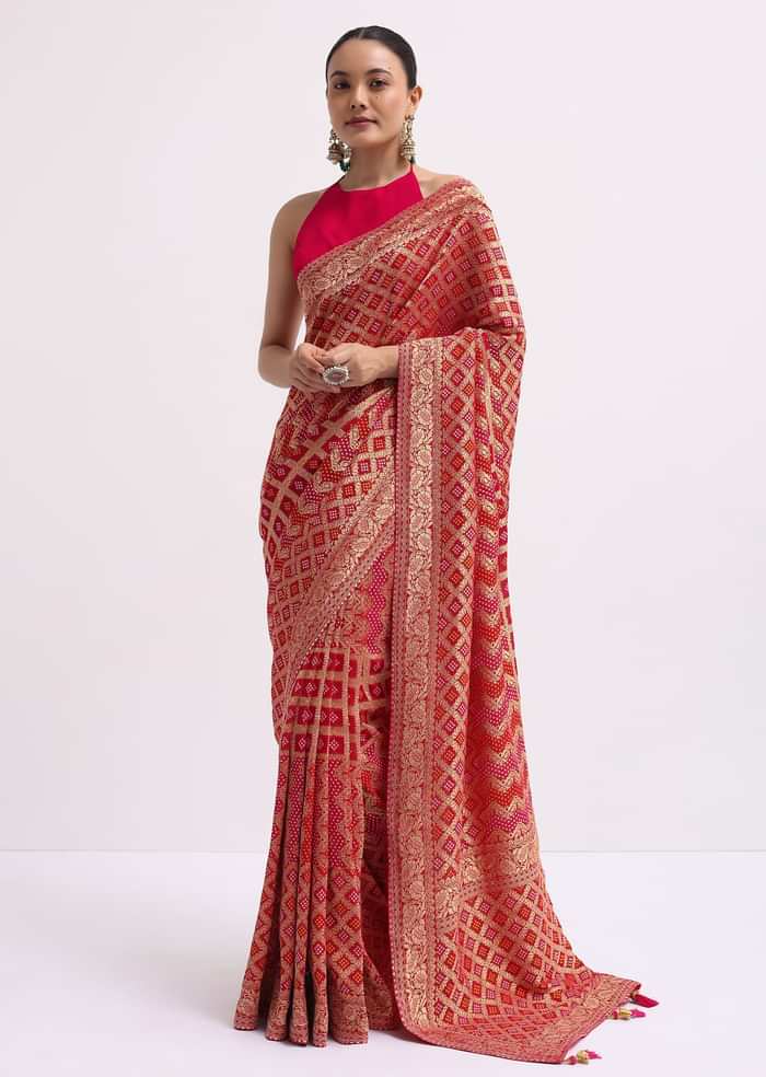 Hot Pink Woven Khadi Georgette Saree With Unstitched Blouse