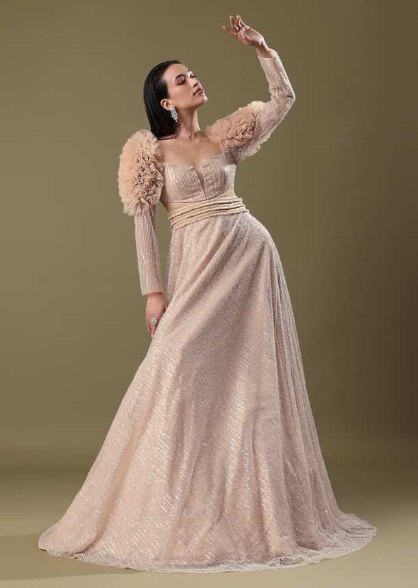 Dusty Peach Embroidered Ruffle Sleeve Gown Kalki