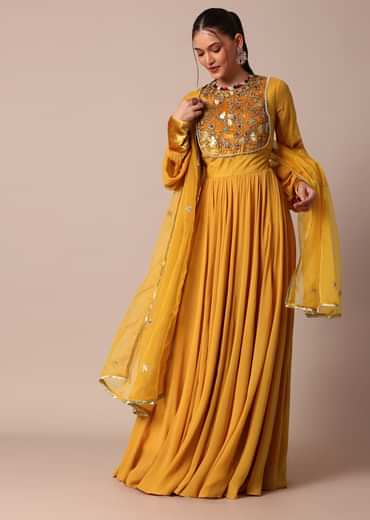 Mustard Yellow Embroidered Anarkali With Organza Dupatta