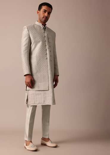 Elegant Beige Silk Sherwani Set With Intricate Embroidery