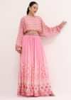 Baby Pink Printed Chiffon Crop Top And Skirt
