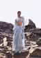 Sky Blue Back Open Blouse With Draped Skirt And Puff Jacket
