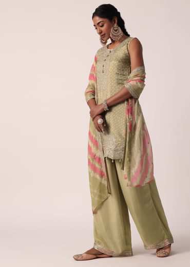 Beige Silk Palazzo Set With Leheriya Dupatta