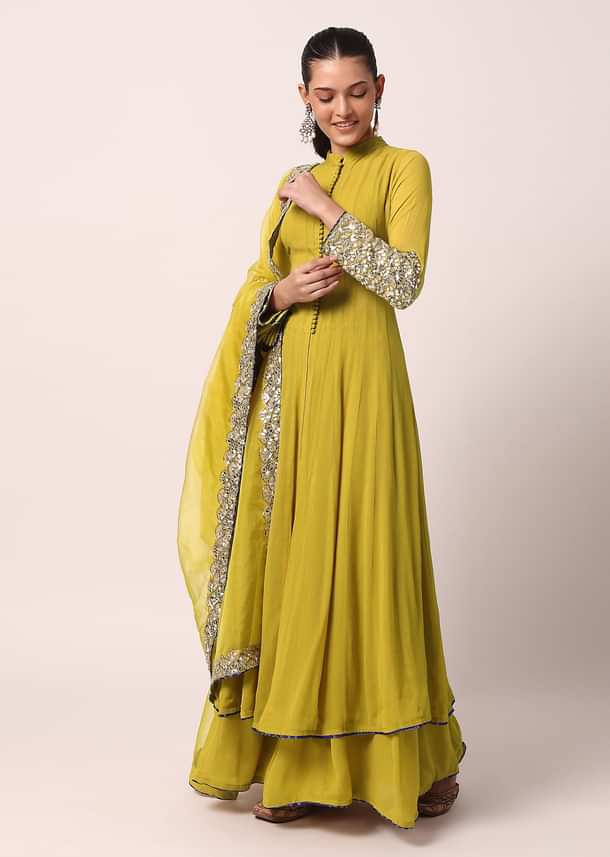 Green Palazzo Set With Embroidered Anarkali