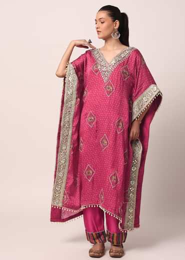 Pink Pant Set With Embroidered Kaftan Kurta