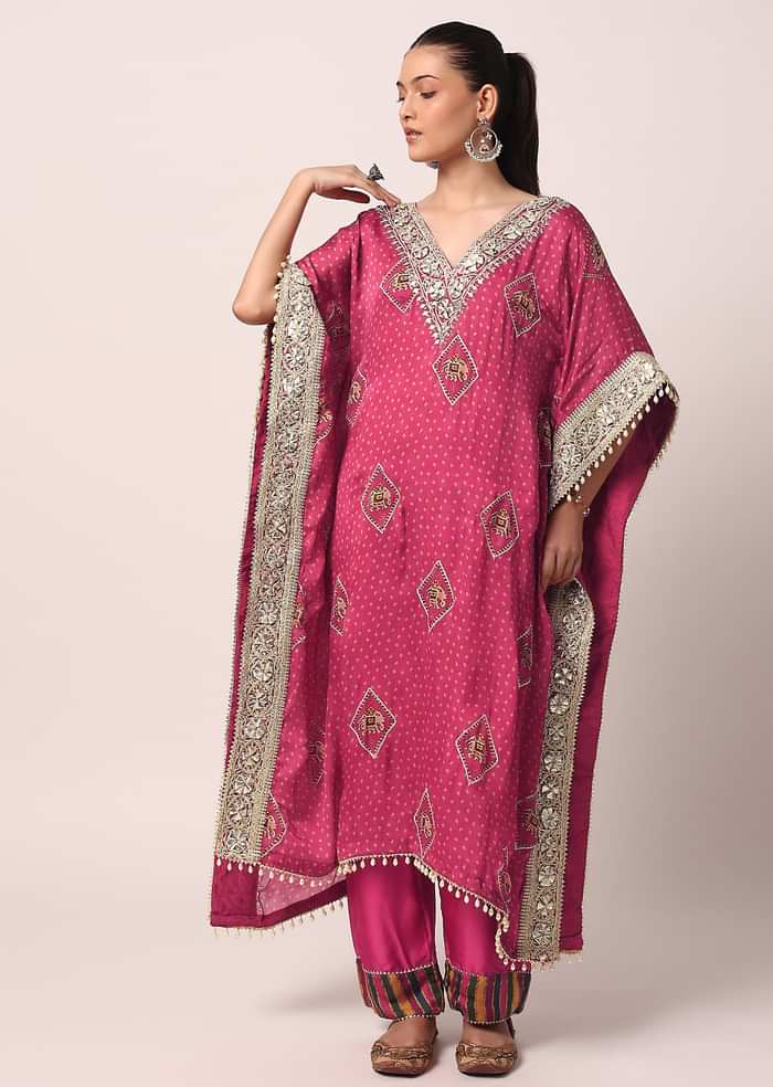 Pink Pant Set With Embroidered Kaftan Kurta