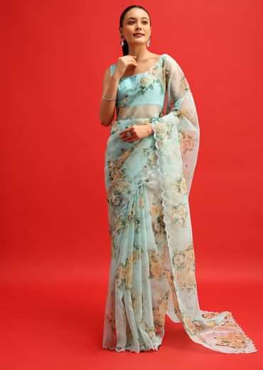 Blue Organza Floral Printed Saree With Sequin Scallop Border And Unstitched Blouse