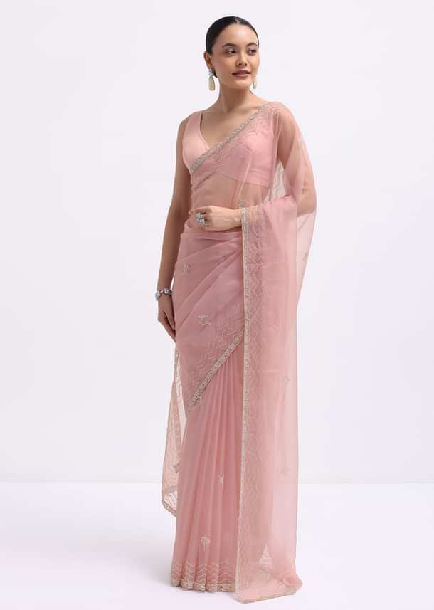 Pink Cutdana Embroidered Organza Saree With Unstitched Blouse Pink Cutdana Embroidered Organza Saree With Unstitched Blouse