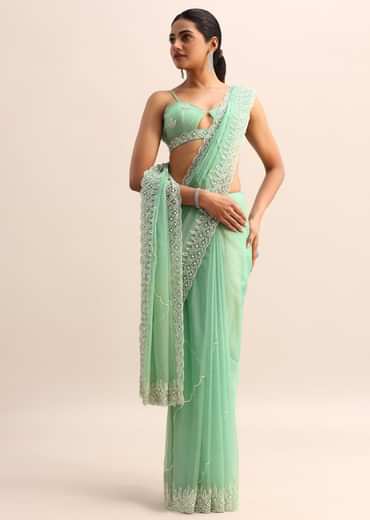 Mint Blue Organza Saree With Cutdana Embroidery And Scallop Border With Unstitched Blouse