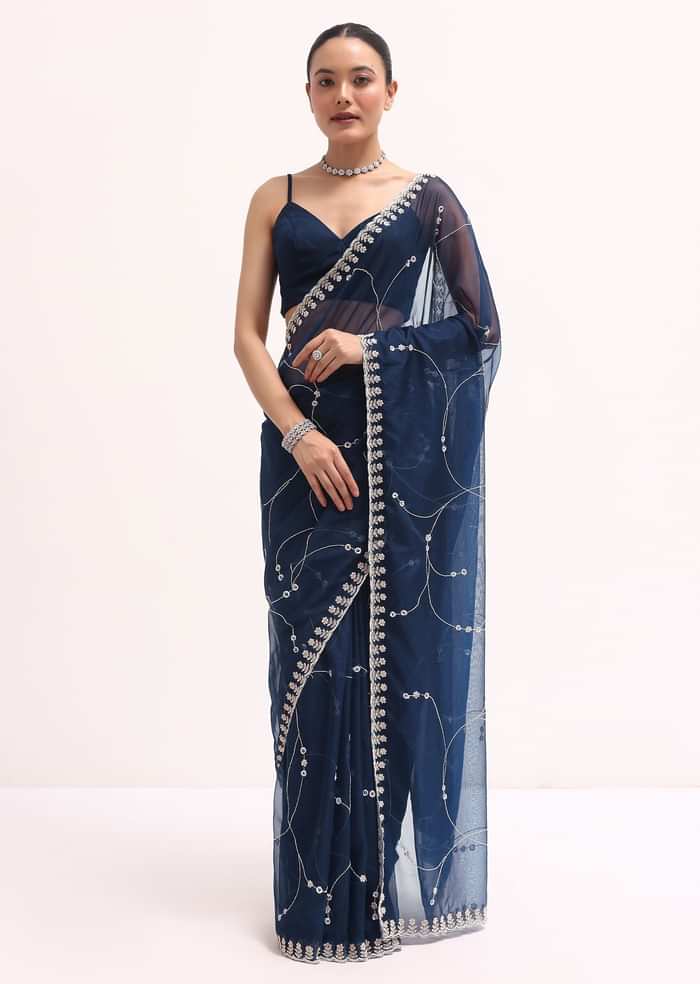Navy Blue Embroidered Organza Saree With Unstitched Blouse