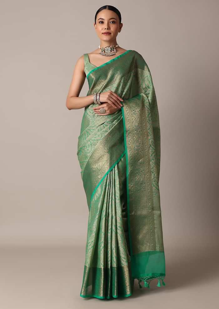 Rama Green Banarasi Tanchui Silk Saree With Tassel Detail And Unstitched Blouse Piece