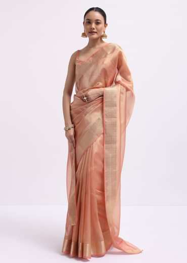 Peach Zari Woven Chanderi Saree With Unstitched Blouse