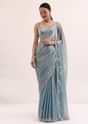 Powder Blue Embroidered Chinnon Saree With Unstitched Blouse