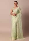 Green Chikankari Saree In Organza Silk With Resham Floral Jaal And Unstitched Blouse Fabric