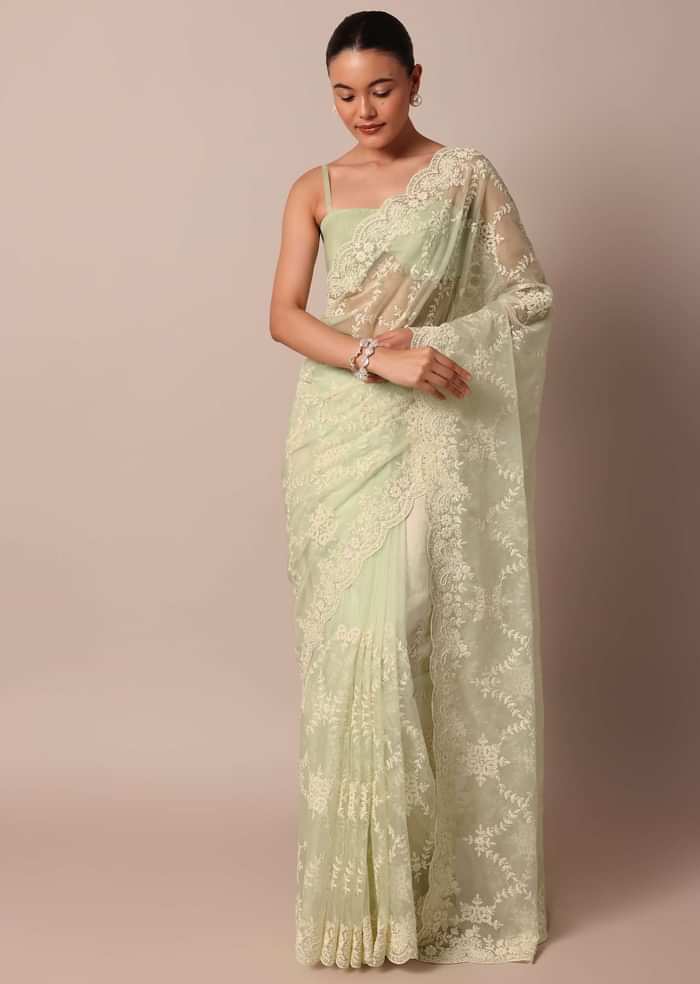 Pista Green Organza Silk Chikankari Saree With Floral Thread Jaal Work And Unstitched Blouse Fabric