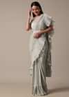 Elegant Grey Ready Pleated Saree With Stitched Blouse