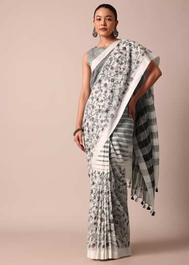 White Cotton Linen Floral Thread Embroidered Saree With Unstitched Blouse Piece