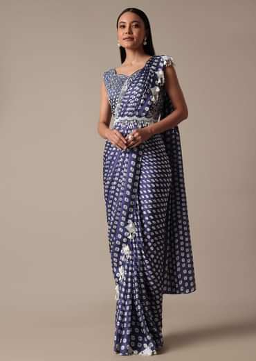 Elegant Blue Ready Pleated Saree With Stitched Blouse