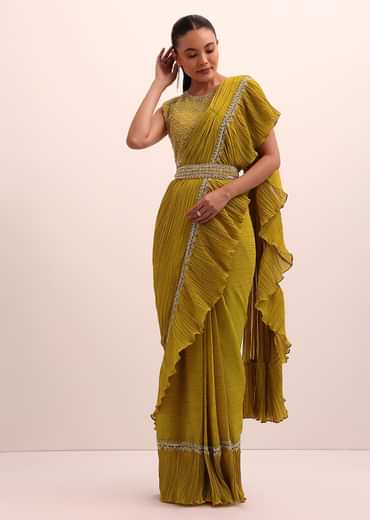 Mustard Yellow Georgette Frill Saree With Embellished Blouse