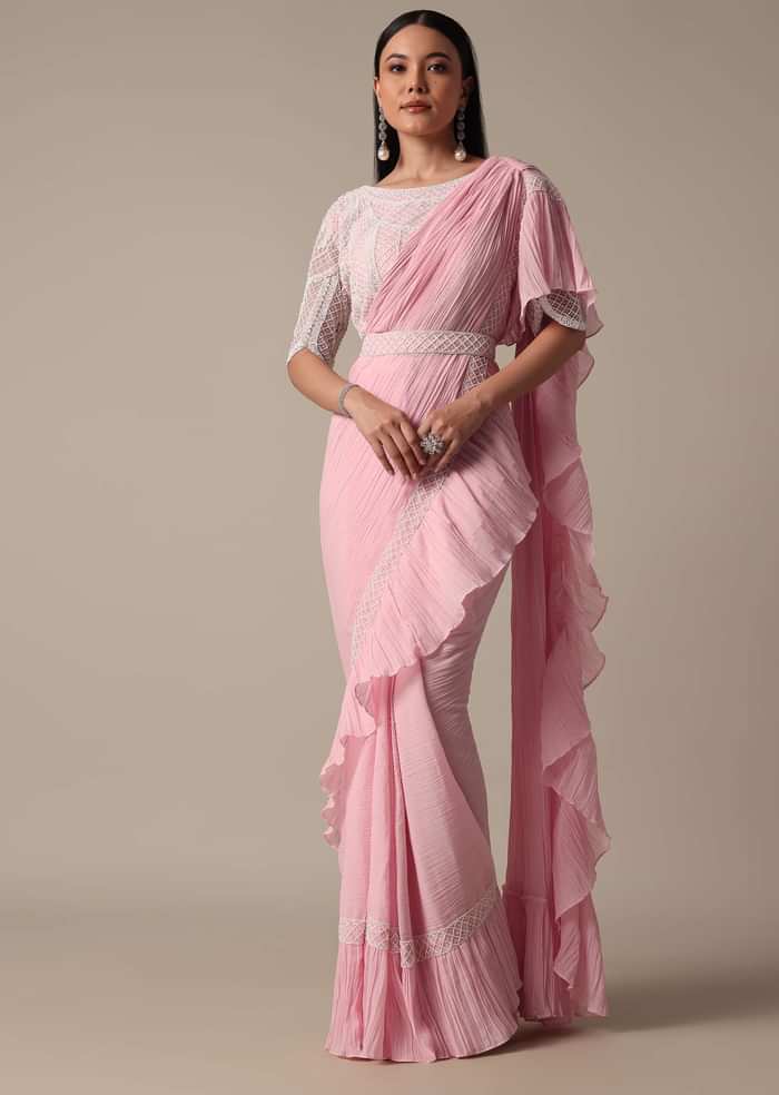 Pink Readymade Frill Saree With Heavy Bead Work Blouse