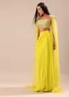 Citrus Green Draped Skirt With Embroidered Blouse And Cape