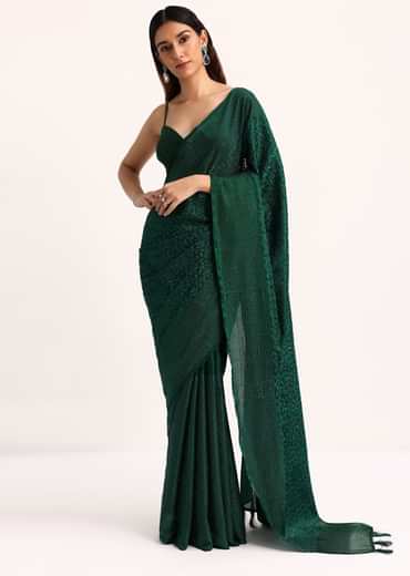 Dark Green Tissue Saree With Thread And Stone Embroidery And Unstitched Blouse