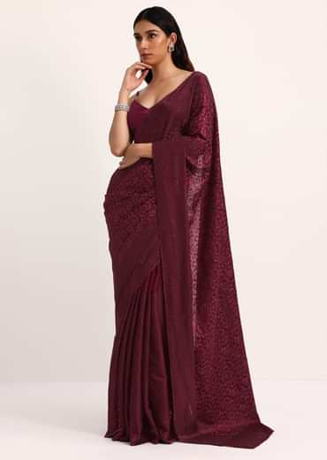 Wine Saree With Thread And Stone Embroidery And Unstitched Blouse
